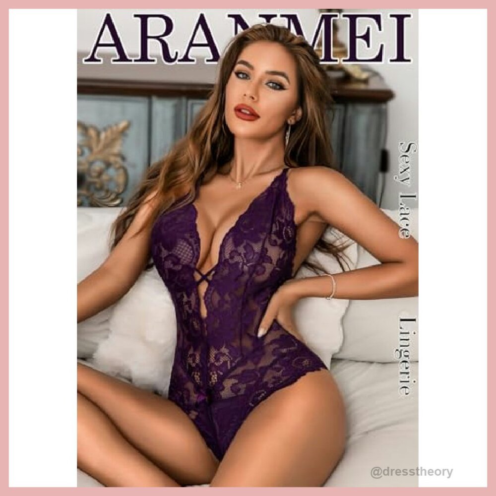 Lace Teddy Bodysuit Deep V Cut Out Matching Panty Soft Stretch - Picture 3 of 7